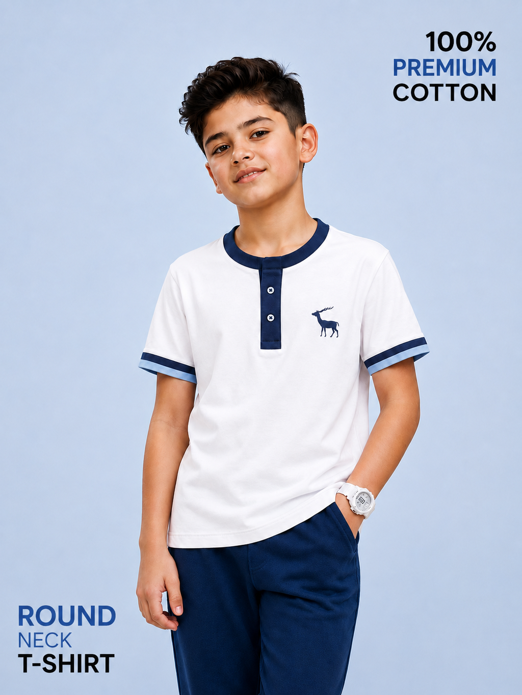 Organic Cotton Henly Neck With Contrast Placket And Emb Cloud Dancer