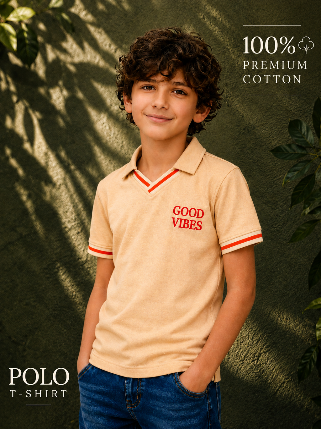 Organic Cotton V Neckpolo With Tipping Placket And Cuff With Emb Cream